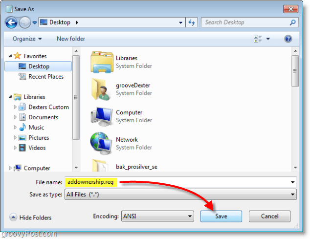 Schermafbeelding van Windows 7 - opslaan als addownership.reg