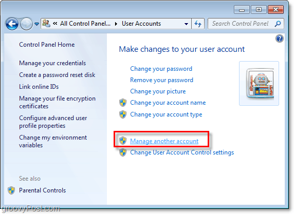 klik op een ander account beheren vanaf uw Windows 7-gebruikersaccountpagina