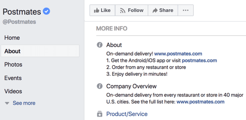 Over sectie voor de Postmates Facebook-pagina.