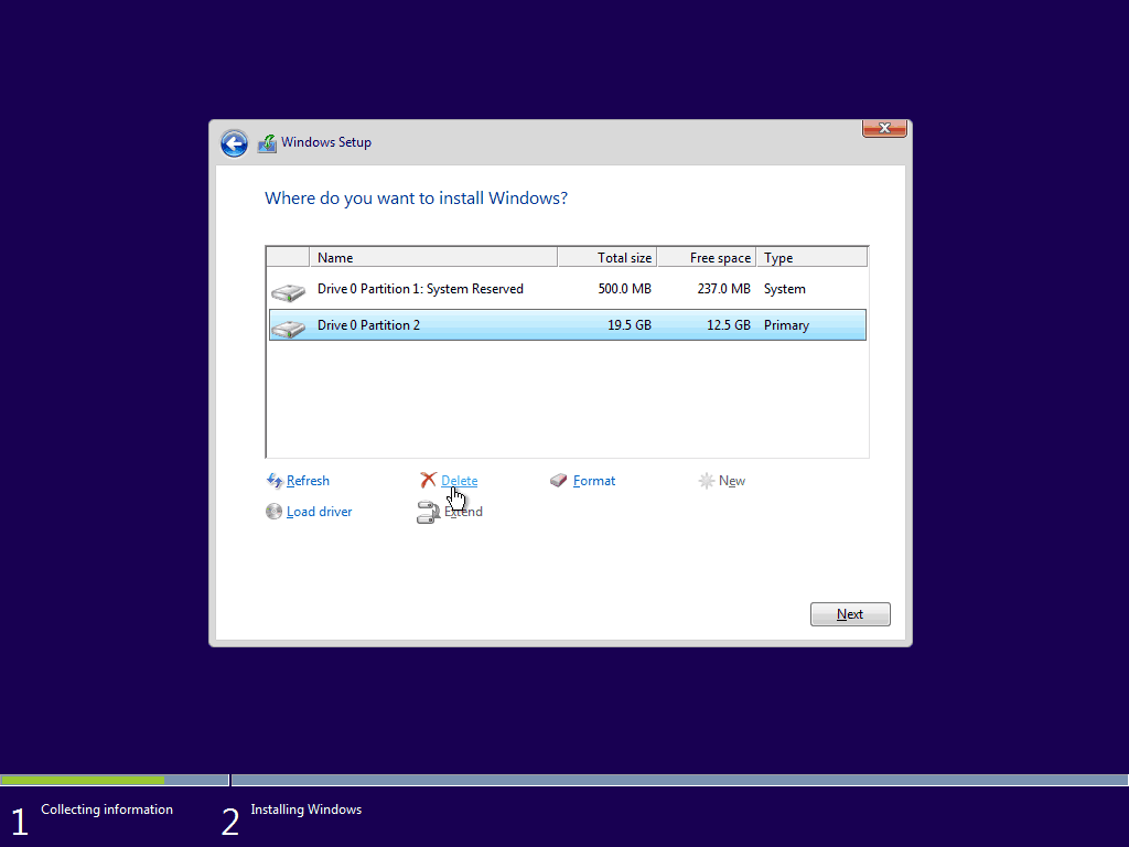 05 Verwijder bestaande primaire partitie Windows 10 Schone installatie