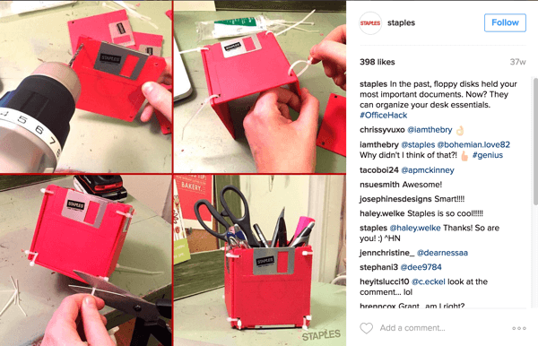 Deze Instagram-fotocollage van Staples toont een slimme manier om floppy disks om te zetten in een bureauaccessoire.
