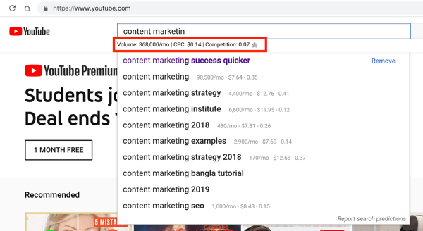 Zoekwoorden Everywhere Chrome-extensie zoekstatistieken voor YouTube.