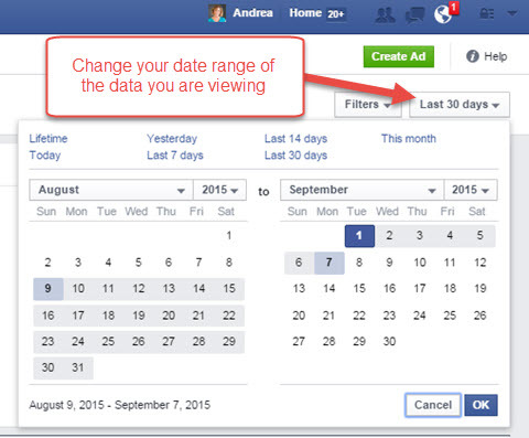 datumbereik van het rapport van de manager van Facebook-advertenties