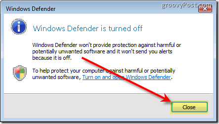 Schakel Windows Defender Vista uit
