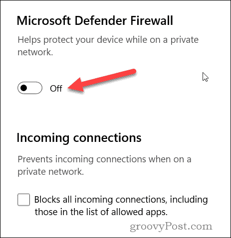 Schakel de Windows Firewall-schuifregelaar uit