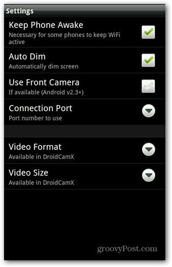 Instellingen voor DroidCam Android-app