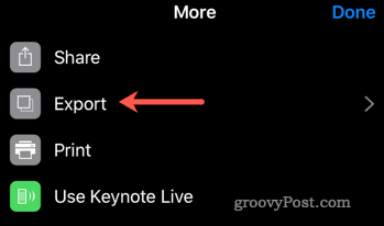 Start het exportproces van Keynote naar PowerPoint op iOS