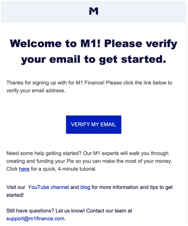 M1 Finance verifieert e-mail