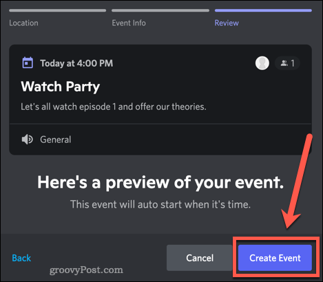 Een nieuw Discord-evenement bevestigen