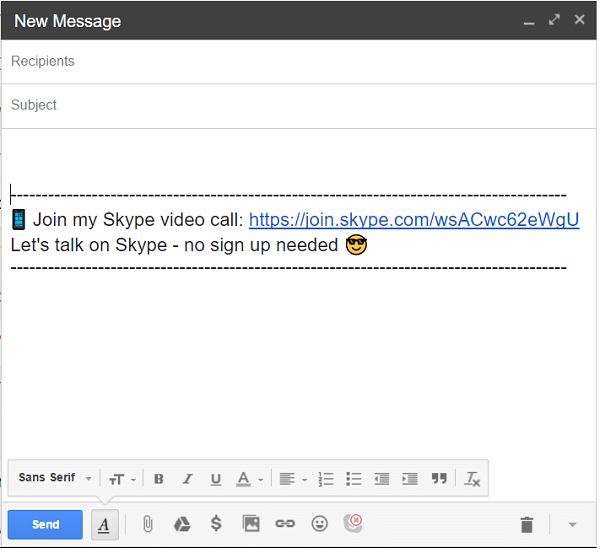 Klik op het Skype-pictogram onder aan uw e-mail om een ​​oproeplink toe te voegen.