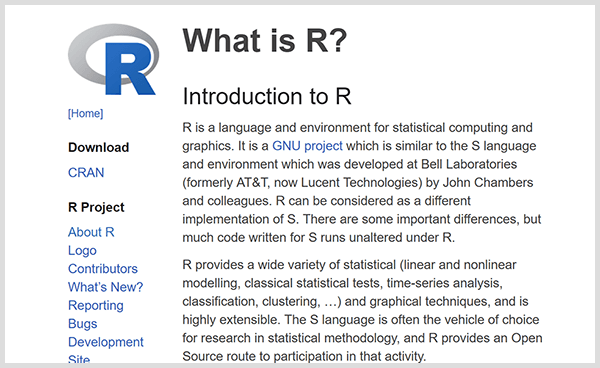 Bouw uw eigen voorspellende analysetools met de programmeertaal R. Screenshot van R introductie webpagina. 