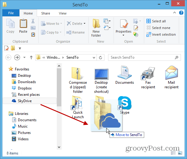SkyDrive toevoegen aan Windows Klik met de rechtermuisknop op Verzenden naar menu