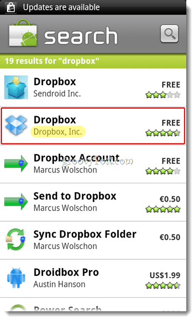Android Dropbox-zoekmenu