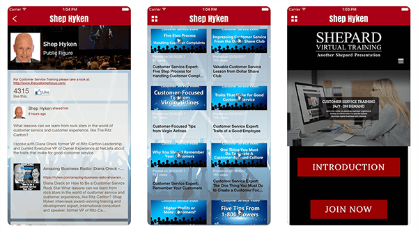 Dit is een screenshot van voorbeeldafbeeldingen uit de app van Shep Hyken. Het eerste scherm belicht nieuwe inhoud van zijn blog. Op het tweede scherm kunnen gebruikers door al deze video's bladeren. Het derde scherm promootte een virtueel trainingsproduct.