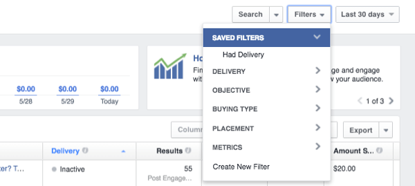 facebook ads manager filtergegevens