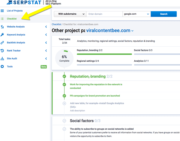 Hoe social media marketingtaken te organiseren, taakchecklist aanmaken met Serpstat, stap 2, checklistnavigatie