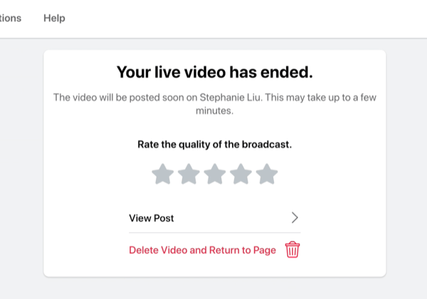 optie om de kwaliteit van de uitzending te beoordelen nadat je Facebook-livestream is afgelopen, en om het bericht van de livestream te bekijken of om de stream te verwijderen