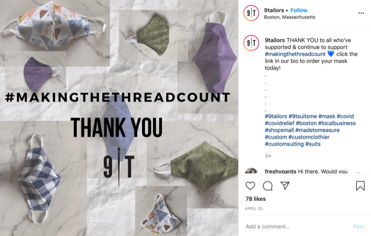 9Tailor Instagram-bericht over de verkoop van maskers