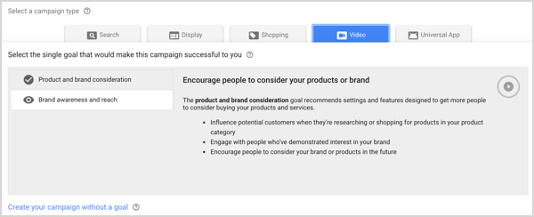 Campagnetype Merkbekendheid en Bereik in Google AdWords.