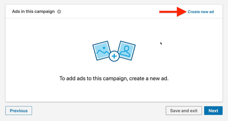 voorbeeld van een LinkedIn-advertentiecampagne op advertentieniveau met de optie 'Nieuwe advertentie maken' gemarkeerd