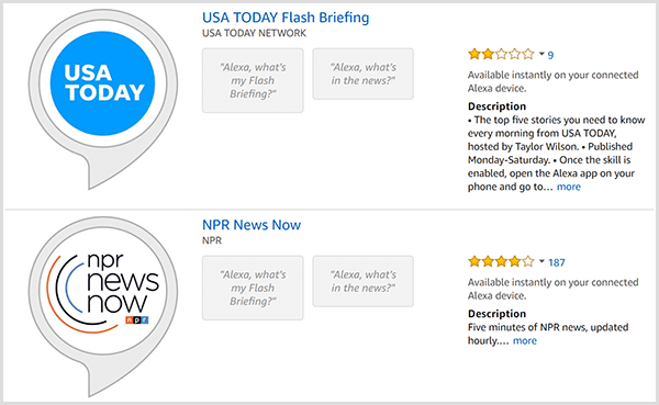 Alexa-briefinglijsten hebben een grijze tekstballon met een rond logo van de producent, zoals USA TODAY of NPR. De vermeldingen bevatten ook een sterbeoordeling en een beschrijving.