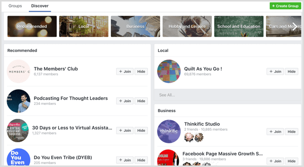Facebook groepeert categorieën en suggesties