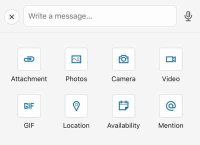 Postopties voor de mobiele LinkedIn-app, inclusief bijlage en GIF
