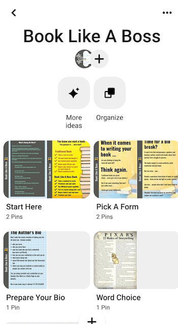 screenshot voorbeeld van Pinterest-bordsecties voor het boek als een baasbord