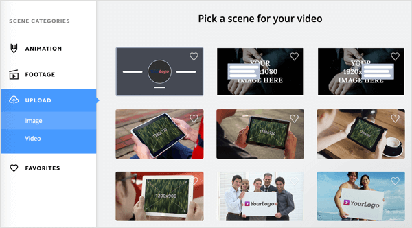 Kies een scène voor je video op het tabblad Biteable Upload.