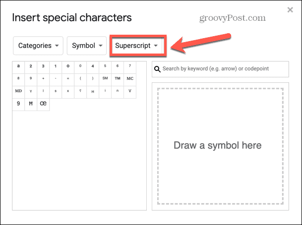 Superscript-symbolen van Google Presentaties
