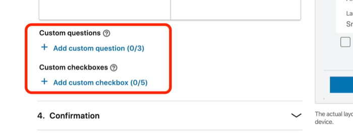 screenshot van aangepaste vragen en aangepaste selectievakjes velden voor lead gen-formulier in LinkedIn-advertentie-instellingen