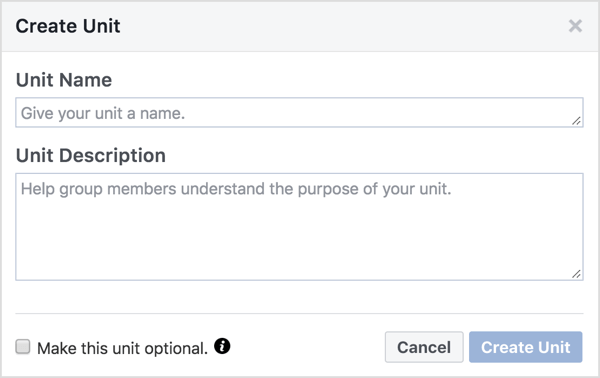 Geef de Facebook-groepseenheid een naam en beschrijving. 