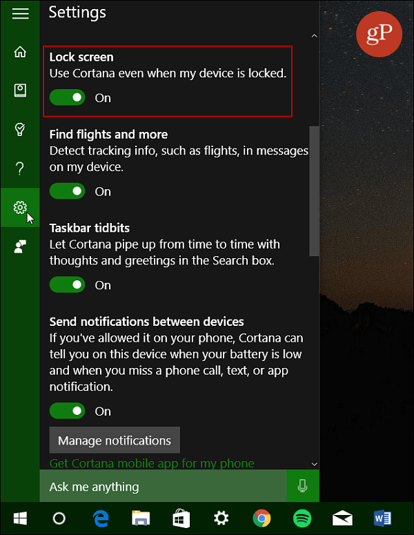 Schakel Cortana Lock Screen Windows 10 in