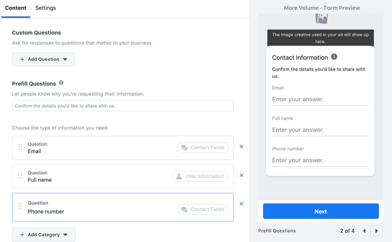 voeg aangepaste vragen toe aan het formulier voor het genereren van leads op Facebook
