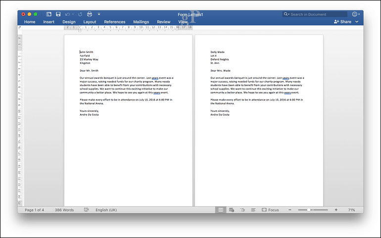 Microsoft Word voor Mac Afdruk samenvoegen - afdrukvoorbeeld