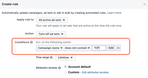 Gebruik geautomatiseerde Facebook-regels, stop advertentieset wanneer ROAS onder minimum valt, stap 2, stel voorwaarden