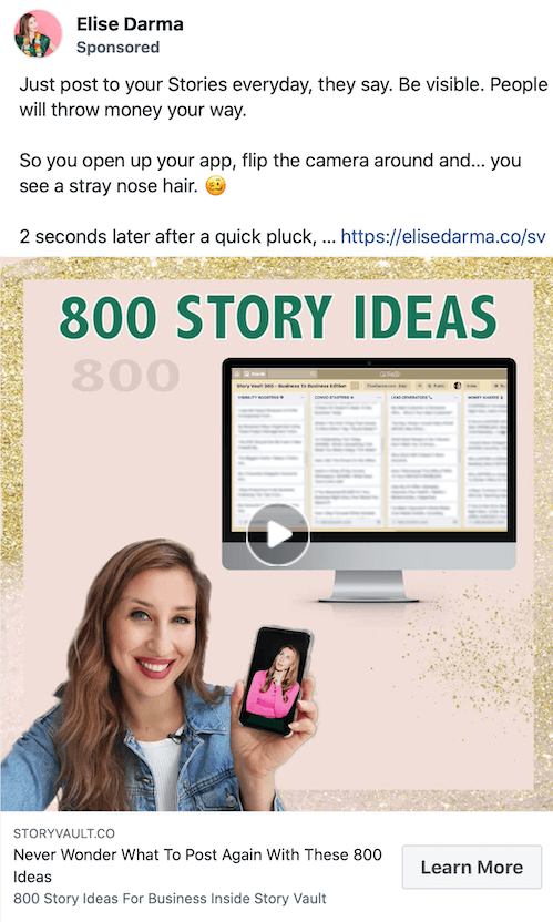 screenshot voorbeeld van een gesponsorde post van elise darma die 800 ideeën voor verhalen promoot