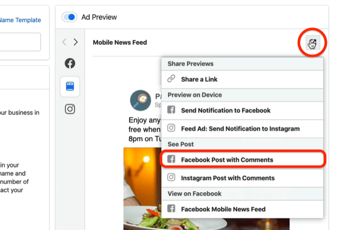 Facebook-bericht met opmerkingen-optie op advertentieniveau in Facebook Ads Manager