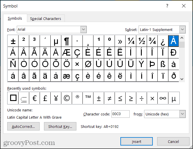 Symbolen voor accenttekens in Word