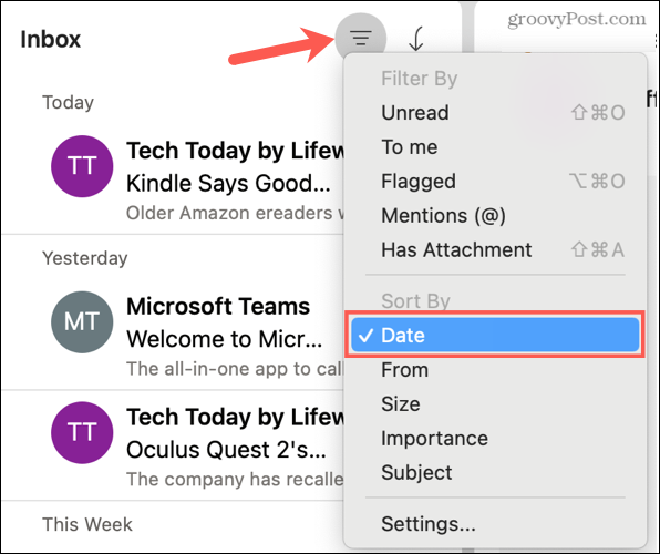 Sorteren op datum in Outlook op Mac