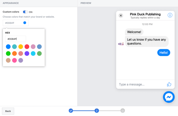 Gebruik Google Tag Manager met Facebook, stap 11, opties om aangepaste kleuren in te stellen voor uw Facebook-chatplug-in