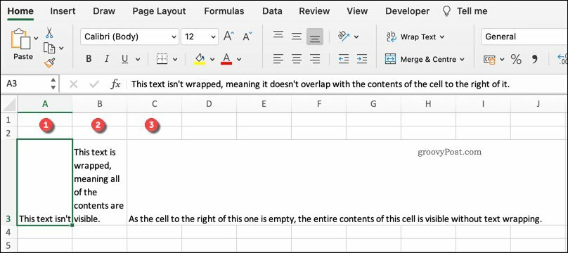 Een voorbeeld van verschillende indelingen voor tekstterugloop in Excel
