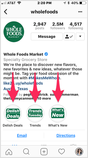Instagram-hoogtepunten op het Whole Foods-profiel.