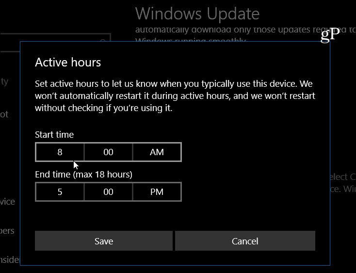 Windows 10 stelt actieve uren in