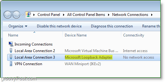 Windows 7 Netwerk Screenshot - de Microsoft Loopback-adapter zichtbaar in het netwerkverbindingsvenster