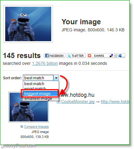 TinEye Screenshot - het sorteren van uw afbeeldingsresultaten
