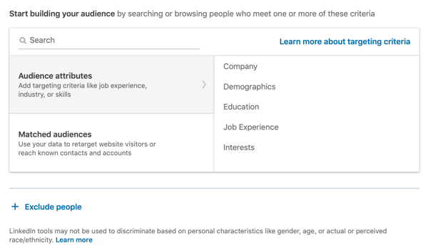Hoe u een LinkedIn-tekstadvertentie maakt, stap 7, Begin met het opbouwen van uw publiek, optie voor publieksattributen