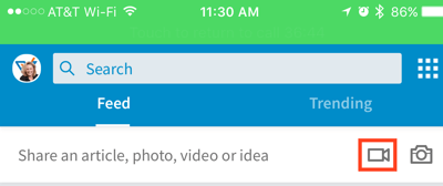 Klik op het videocamerapictogram om een ​​LinkedIn-video-update te maken.