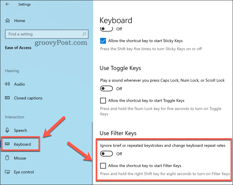 Instellingen voor filtersleutels configureren in Windows 10