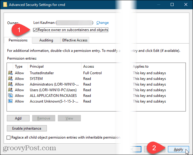 Klik op Toepassen in het dialoogvenster Geavanceerde beveiligingsinstellingen in het Windows-register